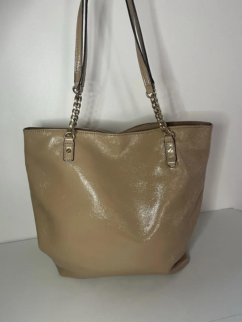 Michael Kors Jet Set Patent Leather Chain Tote Shoulder Bag Camel Gold EUC!